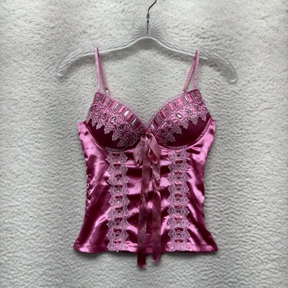 Katie Tops - Y2K Vintage Barbie Pink Princess Cami Camisole Top S Small Satin Rhinestone